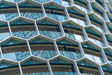 Poster - office buildings. structure of hexagon windows in futuristic technology network connection concept. 