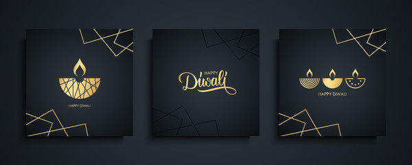 Happy Diwali luxury greeting cards set. India festival of lights holiday invitations templates collection with hand drawn lettering and gold diya lamps. Vector illustration.