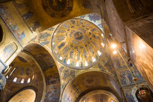 Interior Of Basilica Di San Marco. Inside View Of Golden Dome With Lots Of Mosaics. Venice, Italy