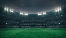 Empty Green Grass Field And Alight Outdoor Stadium With Fans, Front Playground View, Grassy Field Sport Building 3D Professional Background Illustration