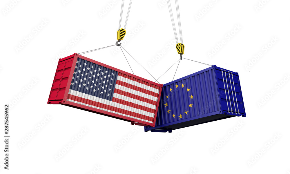 USA and europe trade war concept. Clashing cargo containers. 3D Render ...