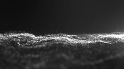 Poster - Futuristic mysterious digitally generated motion graphic particles wave flowing abstract in cyber space technology de-focus background