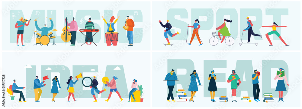 Vector illustrations of the social concept business people in the flat style. Sport, Music, Read and Healthy food concept - obrazy, fototapety, plakaty 