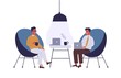 Business lounge zone flat vector illustration. Coworkers having lunch break at office relax area. Businessmen cartoon characters coworking. Colleagues talking, working together isolated clipart.