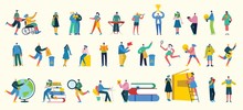 Bundle Of Cartoon Men And Women Performing Outdoor Activities On City Street. Flat Colorful Vector Illustration People Walking,standing, Talking, Running, Jumping, Sitting, Dancing And Doctors