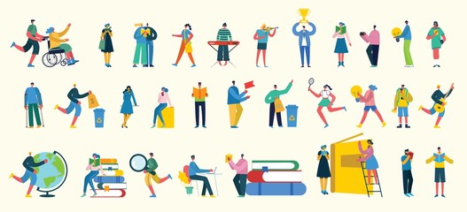 Wall Mural - Bundle of cartoon men and women performing outdoor activities on city street. Flat colorful vector illustration people walking,standing, talking, running, jumping, sitting, dancing and doctors