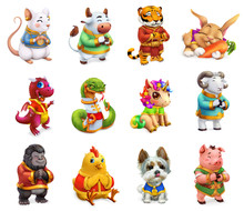 Funny Animal In The Chinese Zodiac, Rat, Ox, Tiger, Rabbit, Dragon, Snake, Horse, Sheep, Monkey, Rooster, Dog, Pig. Chinese Calendar, 3d Vector Icon Set