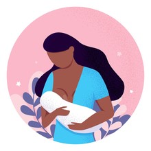 Afro Woman Breastfeeding Her Newborn Baby Holding And Nursing In Hands. Tropical Leaves, Flowers. Breast Feeding Week Banner, Happy Mother Day Greeting Card. Child Drinks Milk From The Female Breast