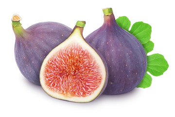 Wall Mural - Group of ripe sweet figs with leaves isolated on white background.