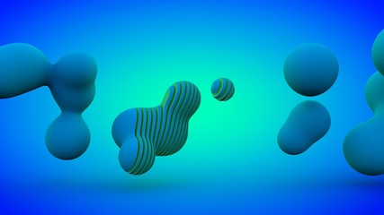 Poster - 3D rendering of blue matter on a gradient background in zero gravity. The droplet is cut by many planes. Abstract drawing, desktop background image. The idea of harmony and chaos, order and beauty.