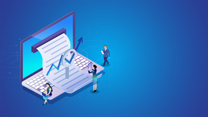 Wall Mural - Online report from laptop with magnifying glass and working people analysis on blue background for Company growth or success concept based isometric design.