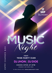 Poster - Advertising template or flyer design with silhouette human and venue details for Music Night Party.