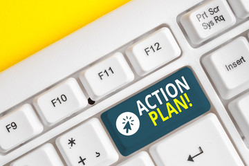 Word writing text Action Plan. Business photo showcasing proposed strategy or course of actions for certain time White pc keyboard with empty note paper above white background key copy space