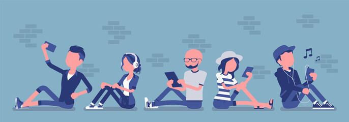 Young people with gadget. Diverse group sitting using smartphone, tablet for messaging services, email, video calls, social networking apps, taking selfie. Vector illustration with faceless characters