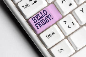 Word writing text Hello Friday. Business photo showcasing you say this for wishing and hoping another good lovely week White pc keyboard with empty note paper above white background key copy space