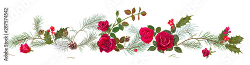 Panoramic view with red roses, pine branches, cones, holly berry. Horizontal ...