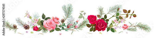 Panoramic view with red, pink roses, spring blossom, pine branches, cones. Ho...