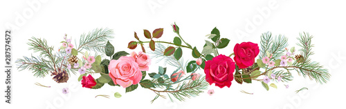 Panoramic view with red, pink roses, spring blossom, pine branches, cones. Ho...