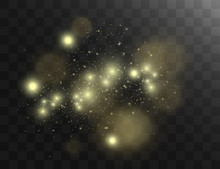 Glowing Yellow Circles. White Sparks And Golden Stars Glitter Special Light Effect. Vector Sparkles On Transparent Background. Christmas Abstract Pattern. Sparkling Magic Dust Particles