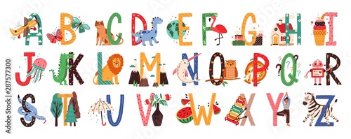 Naklejki do przedszkola english-alphabet-with-cute-animals-vector-illustrations-set-isolated-capital-letters-with-related-scandinavian-style-birds-mammals-fruits-childish-font-for-kids-abc-book-symbols-pack