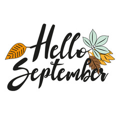 Wall Mural -  Hello September, autumn hand drawn lettering, with leaves, on white backgound.