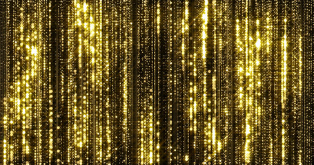 Wall Mural - Golden glitter flowing particles with bokeh light sparks backdrop. Gold glitter falling curtain background with magic glowing shimmer glares