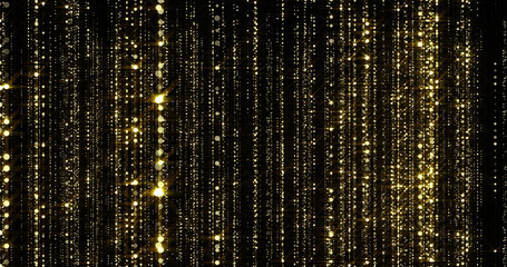 Wall Mural - Golden glitter threads curtain, flowing light particles with bokeh sparks. Gold glitter falling flow background with magic glowing shimmer glare