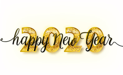 Wall Mural - 2020 happy new year vector background with big golden glitter numbers and text lettering sign. chris