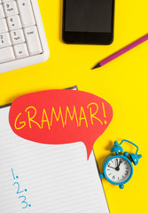 Poster - Text sign showing Grammar. Business photo showcasing whole system structure language syntax and morphology Empty red bubble paper on the table with pc keyboard