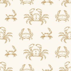 Wall Mural - Sea crabs vector seamless pattern. Underwater animals species, marine crustaceans on pastel background. Delicacy seafood. Ocean creature with pincers wrapping paper, wallpaper textile design.