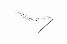 Magic Wand With A Stars. Trace Of Black Dust. Magic Abstract Background Isolated On On Transparent Background. Miracle And Magic. Vector Illustration Flat Design.