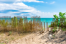 Lake Michigan Shoreline With Fence In Evanston Illinois During The Summer