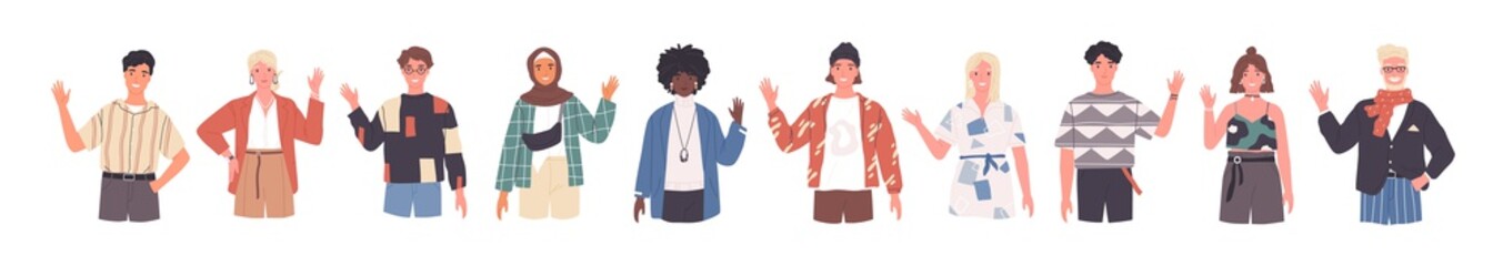Wall Mural - People greeting gesture flat vector illustrations set. Different nations representatives waving hand. Men, women in casual clothes, national costumes say hello. Male, female caucasian, african people.