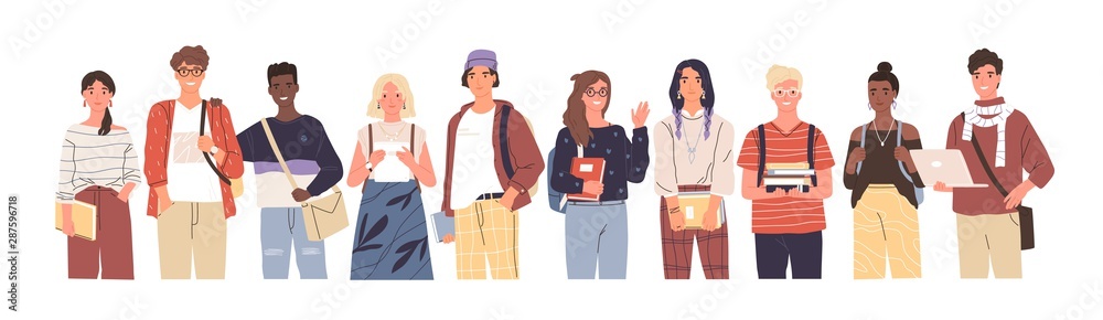 Group of multicultural students flat vector illustration. Young girls and boys holding books and laptop isolated characters on white background. Happy teenager in casual clothes. Youth lifestyle. - obrazy, fototapety, plakaty 