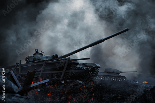 Fotografia Tanks and planes rush into battle on besieged burning land