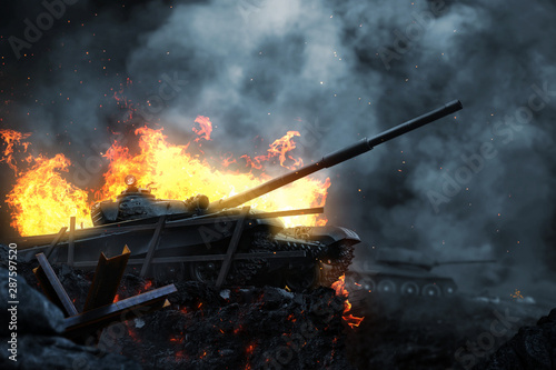 Fotografia Burning battle tank on the battlefield at dusk