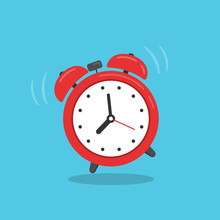 Red Alarm Clock Isolated On Blue Background. Vector Illustration In Flat Style.