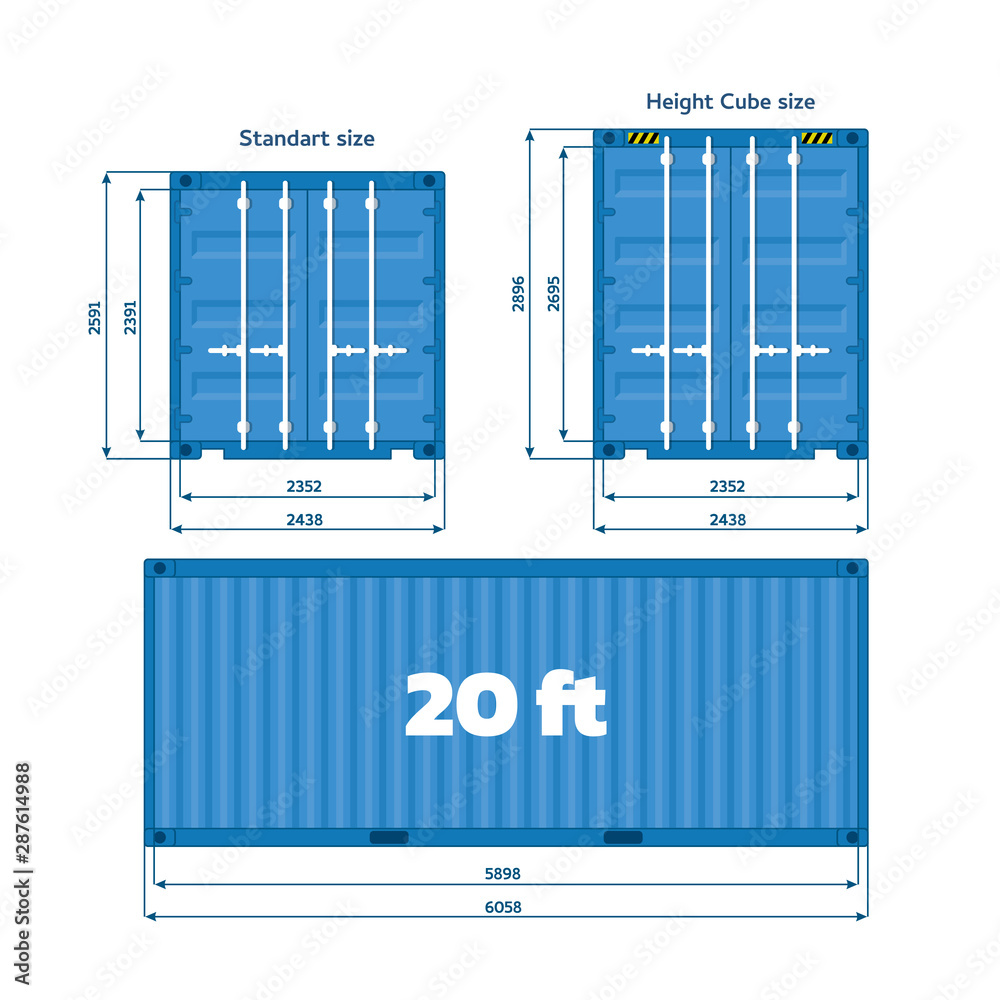 Common container sizes. Standart ISO sizes 10', 20', 40'. Storage Shipping  Container isolated. Blue cargo container front, side view. Vector  illustration on white background. Stock Vector | Adobe Stock, image size:1000x1000