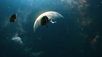 Wall Mural - Eclipse planet Earth from deep space. Beautiful high quality 4K animation of World, Universe and cosmos nebulae. Rising sun over the blue home.