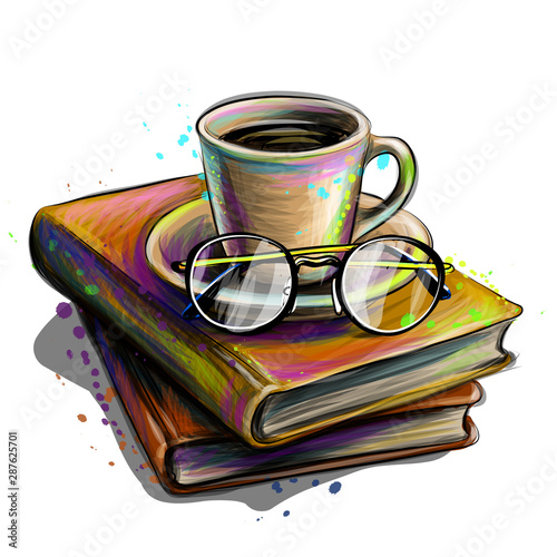A Cup Of Coffee Tea And Glasses On A Stack Of Books