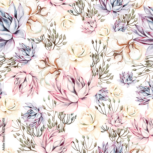 Watercolor succulents seamless pattern Poster Mural XXL