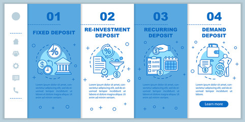 Deposit onboarding mobile web pages vector template. Banking service. Responsive smartphone website interface idea with linear illustrations. Webpage walkthrough step screens. Color concept
