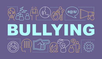 Wall Mural - Bullying word concepts banner. Social abuse, oppression and violence. Prejudice and discrimination. Presentation, website. Isolated lettering typography with linear icons. Vector outline illustration