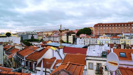 Sticker - Lisbon, Portugal. Aerial view of Lisbon, Portugal at cloudy day with view over city center. Time-lapse with cloudy sky