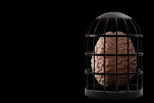 Psychiatry And Psychology, Helpless Mind And Hopeless Mental State, Consciousness And Depression Conceptual Idea With A Human Brain In A Dark Cage Isolated On Black Background With Copyspace