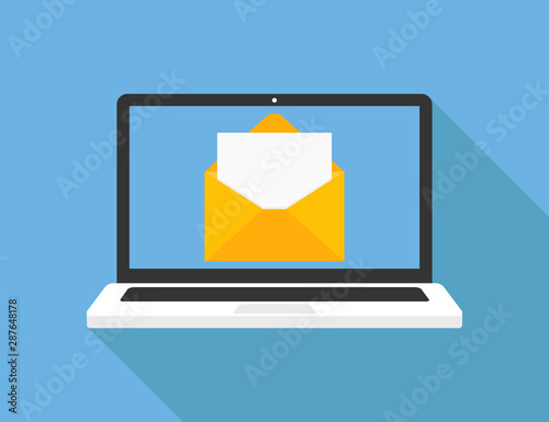 Fotomural Laptop with opened letter on blue background with shadow