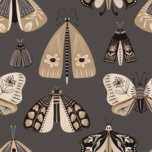 Folk Art Seamless Pattern With Moths.