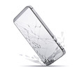 Close up of smartphone drop to the ground, broken glass screen isolated on a white background. Damaged mobile phone, cracked modern touch screen. Electronics repair service, accident insurance concept