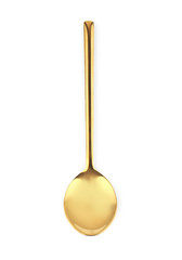 Stylish clean gold spoon on white background, top view