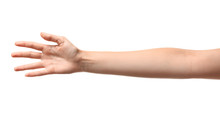 Young Woman Reaching Hand For Shake On White Background, Closeup
